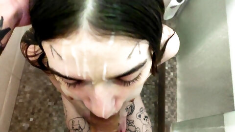 Wet cutie sucks cock in the shower before...